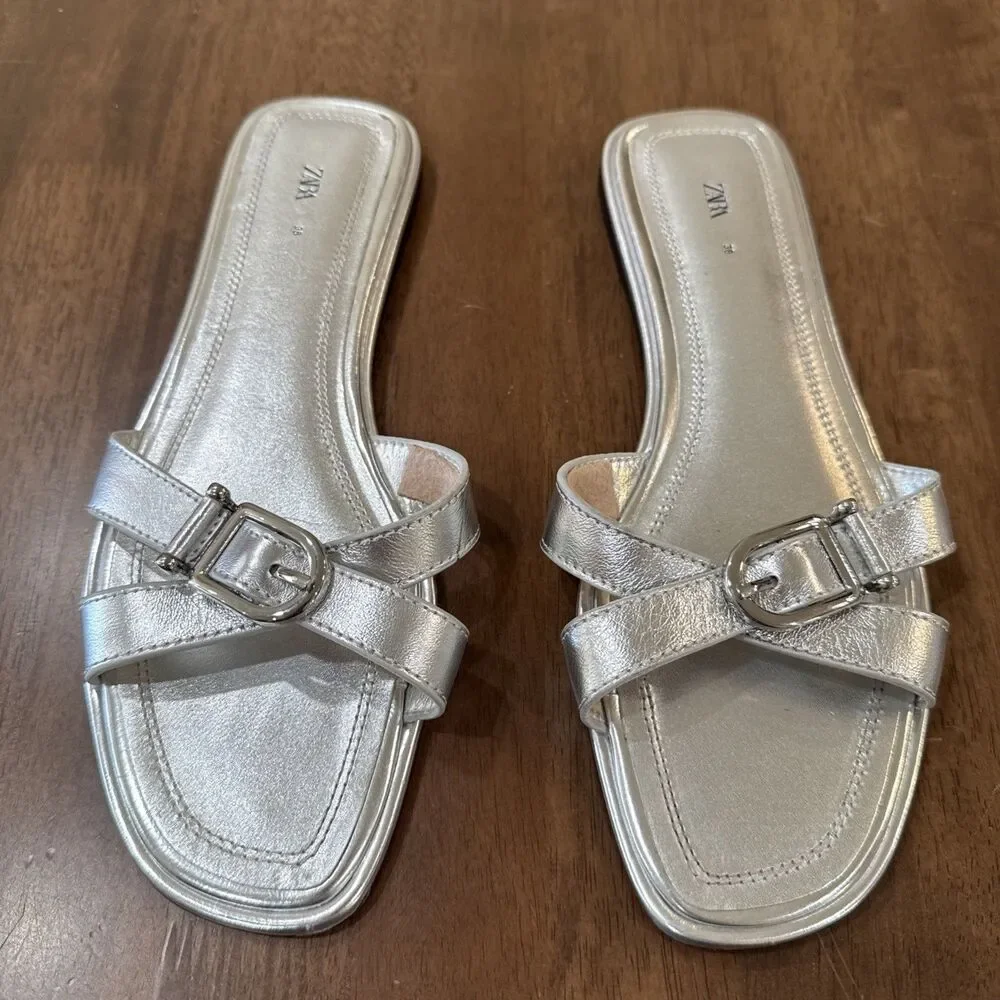 Zara Metallic Silver Strappy Slide Summer Sandals Buckle Open Toe EU38 US7 - Picture 3 of 8